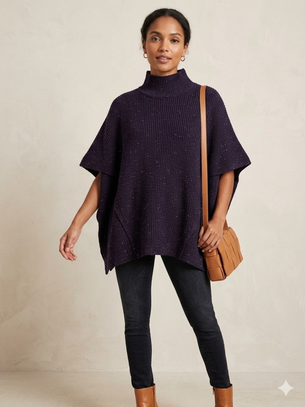 J. Jill Ribbed Mock-Neck Poncho Sweater Navy Blue Flecked Knit Women's Size S-L